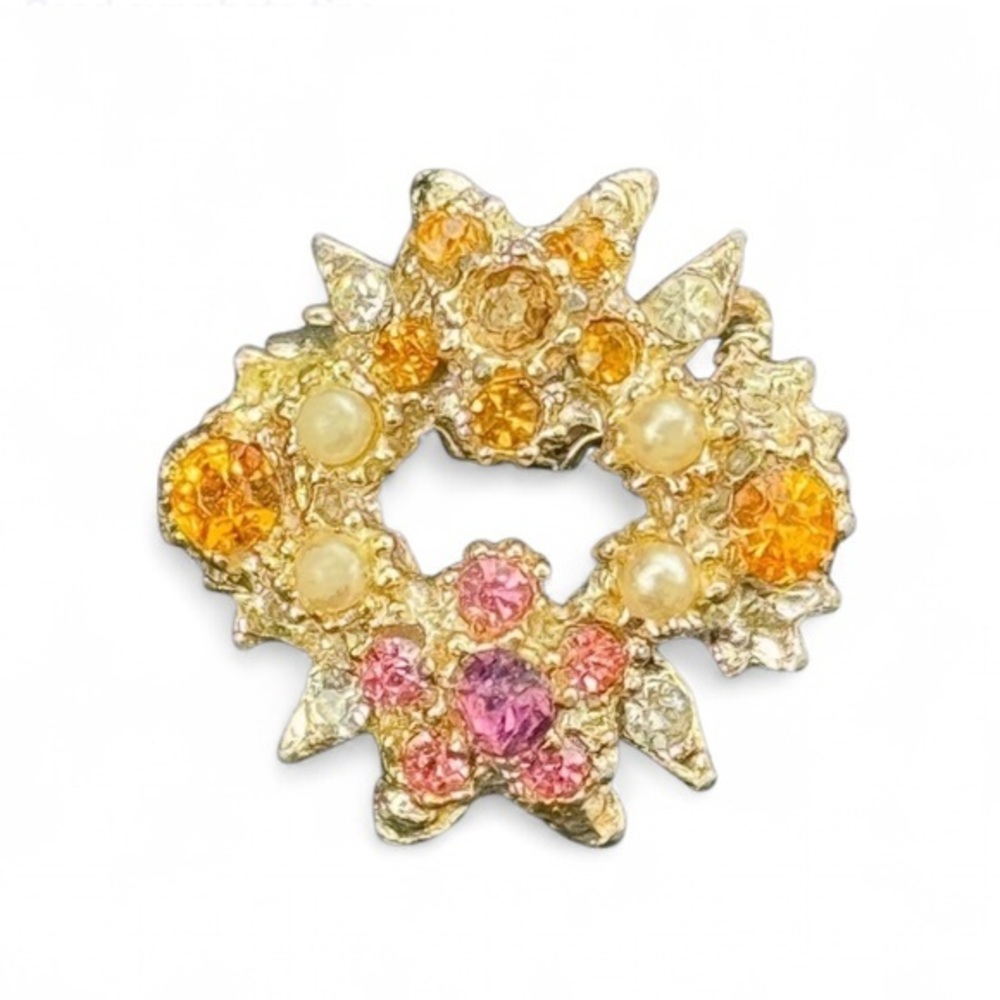 Small Gold Tone Wreath Brooch With Citrine and Pink Colored Gemstones